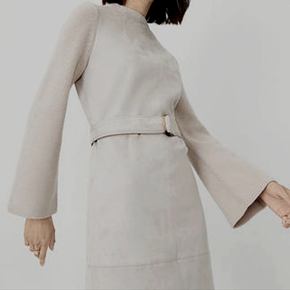 ❄️ ANN TAYLOR | Silver Beige Faux Suede Mixed Media Sweater Dress - EUC | Size L